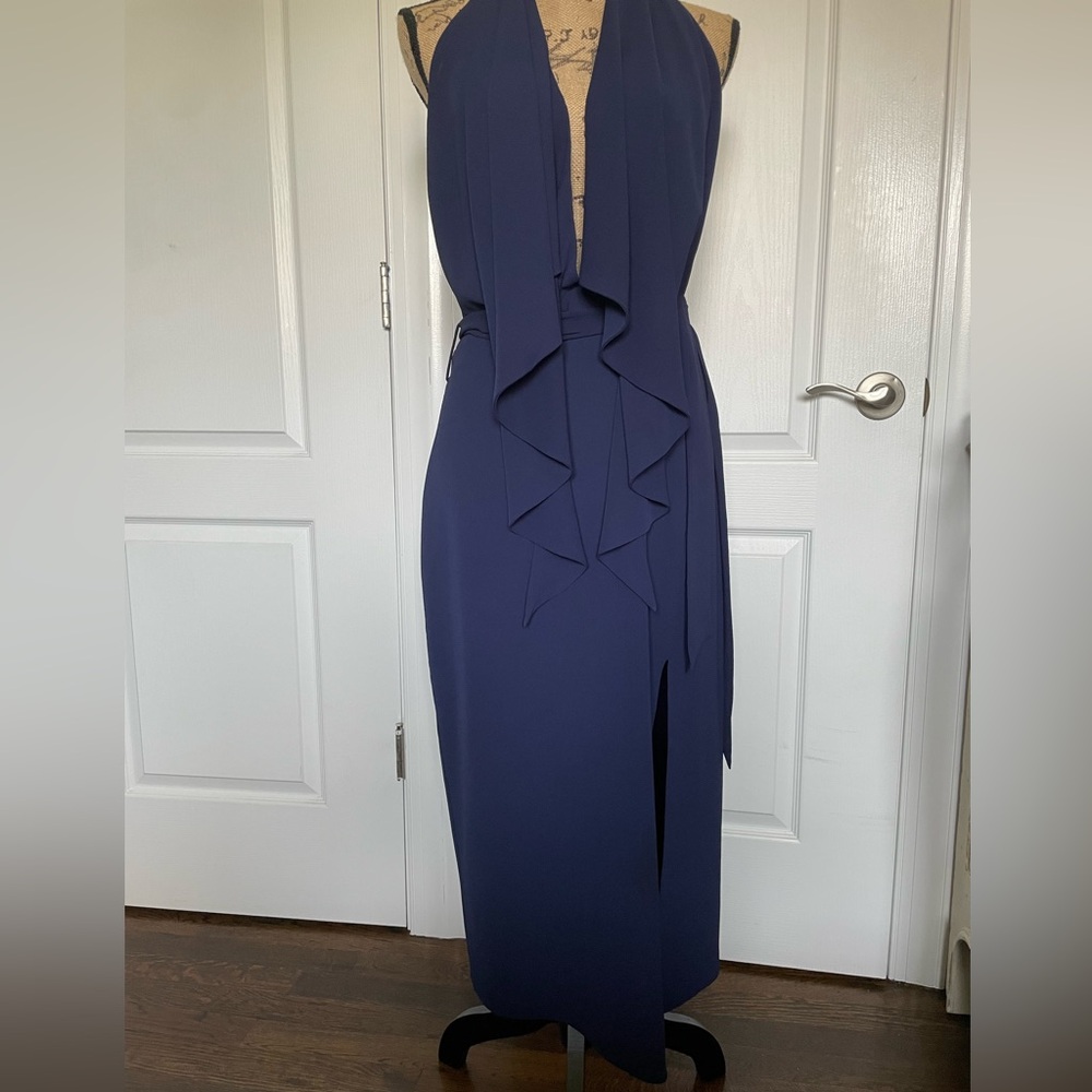 MISHA COLLECTION Blue Sleeveless Halter Sheath Dress